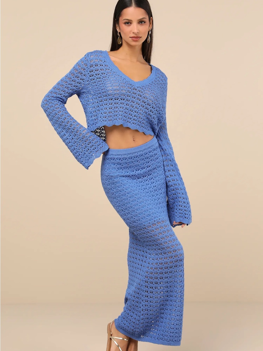 Lulu’s Serene Aesthetic Blue Crochet Knit Midi Skirt